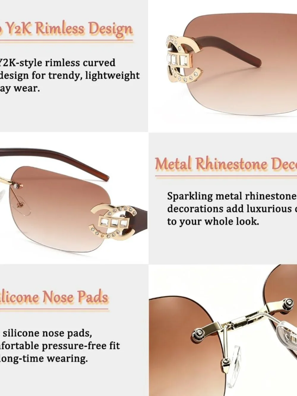 Elegant Rimless Rectangle Sunglasses for Women, Rhinestone Detail & UV400 Lens